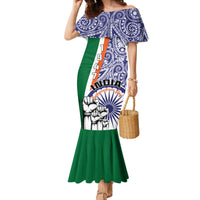 Women's mermaid dress with off-shoulder ruffle sleeves, blue paisley print and green hem