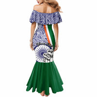 Women's off-shoulder mermaid dress, blue paisley back with tricolor panel and green skirt