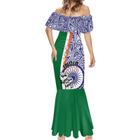 Women's mermaid maxi dress, off-shoulder neckline, blue paisley top and green flared bottom