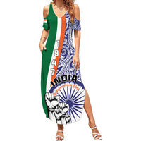 Women’s cold-shoulder maxi dress, navy and green with paisley and India graphic print