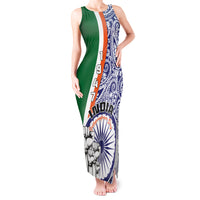 Women's tank maxi dress front, blue paisley with green panel and 'INDIA' text graphic
