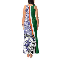Women's tank maxi dress, back view, blue paisley with green panel and white graphic