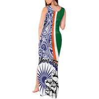 Women's tank maxi dress with blue paisley print, green side panel, hand graphic hem