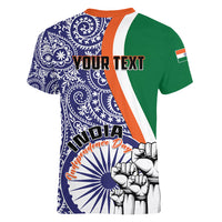 Personalised India Independence Day Women V Neck T Shirt Indian Paisley Pattern - Wonder Print Shop