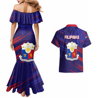 Blue off-shoulder mermaid dress and Hawaiian shirt, Filipinas crest with lion soccer graphics