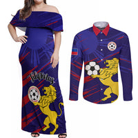 Blue off-shoulder maxi dress with Lion football print and matching long-sleeve button shirt