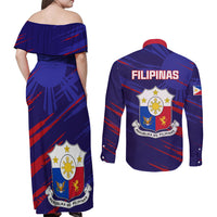 Blue off-shoulder maxi dress and long-sleeve button shirt with FILIPINAS back coat-of-arms