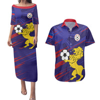 Blue Philippines football matching puletasi dress and Hawaiian shirt set with lion graphics