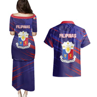 Blue Philippines football matching puletasi dress and Hawaiian shirt set, FILIPINAS crest