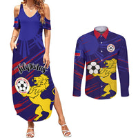 Blue V-neck maxi dress and long-sleeve button shirt with soccer lion and crest
