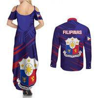 Blue off-shoulder maxi dress and long-sleeve button shirt, rear crest and FILIPINAS