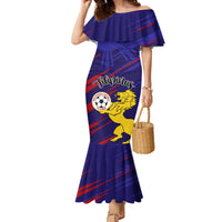 Women’s off-shoulder mermaid dress, blue with red stripes and lion soccer graphic