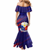 Women’s off-shoulder mermaid dress, blue with red stripes and Philippines crest