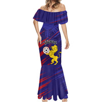 Women’s off-shoulder mermaid dress, blue with red stripes and lion soccer emblem
