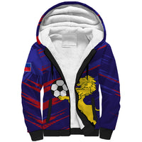 Blue sherpa hoodie with full-zip, hood lining, lion and soccer ball graphic