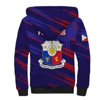 Blue sherpa hoodie back with Philippines crest and red diagonal stripes