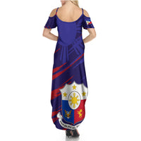 Women's open-back blue maxi dress with Philippines crest and red stripes