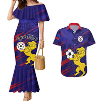Blue mermaid-style off-shoulder dress and matching short-sleeve button shirt with lion soccer print