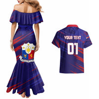 Blue off-shoulder mermaid dress and matching short-sleeve shirt with back 'YOUR TEXT 01'