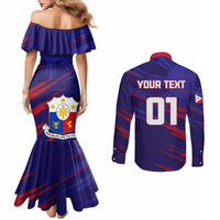 Blue mermaid dress and long-sleeve button shirt backs with shield logo and number 01