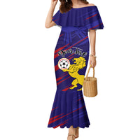 Blue off-shoulder mermaid dress with printed lion and football crest