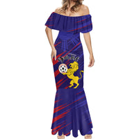 Blue off-shoulder mermaid dress with lion football graphic and ruffled neckline