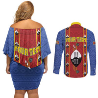 Eswatini African Pattern Couples Matching Off Shoulder Short Dress and Long Sleeve Button Shirt Swaziland Shield Siyinqaba - Wonder Print Shop