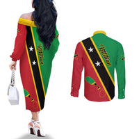 Saint Kitts and Nevis Couples Matching Off The Shoulder Long Sleeve Dress and Long Sleeve Button Shirt Country Above Self