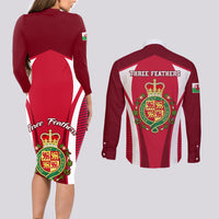 Wales Rugby Couples Matching Long Sleeve Bodycon Dress and Long Sleeve Button Shirts Three Feathers Dragon 2023 World Cup - Wonder Print Shop