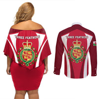 Wales Rugby Couples Matching Off Shoulder Short Dress and Long Sleeve Button Shirts Three Feathers Dragon 2023 World Cup - Wonder Print Shop
