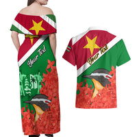 Personalised Suriname Independence Day Couples Matching Off Shoulder Maxi Dress and Hawaiian Shirt Lesser Kiskadee With Scarlet Jungle Flame Flower - Wonder Print Shop