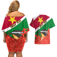 Personalised Suriname Independence Day Couples Matching Off Shoulder Short Dress and Hawaiian Shirt Lesser Kiskadee With Scarlet Jungle Flame Flower - Wonder Print Shop