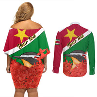 Personalised Suriname Independence Day Couples Matching Off Shoulder Short Dress and Long Sleeve Button Shirt Lesser Kiskadee With Scarlet Jungle Flame Flower - Wonder Print Shop