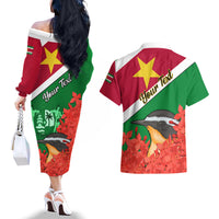Personalised Suriname Independence Day Couples Matching Off The Shoulder Long Sleeve Dress and Hawaiian Shirt Lesser Kiskadee With Scarlet Jungle Flame Flower - Wonder Print Shop