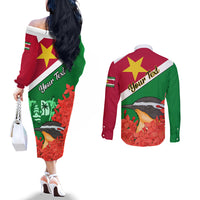 personalised-suriname-independence-day-couples-matching-off-the-shoulder-long-sleeve-dress-and-long-sleeve-button-shirt-lesser-kiskadee-with-scarlet-jungle-flame-flower