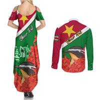 Personalised Suriname Independence Day Couples Matching Summer Maxi Dress and Long Sleeve Button Shirt Lesser Kiskadee With Scarlet Jungle Flame Flower - Wonder Print Shop