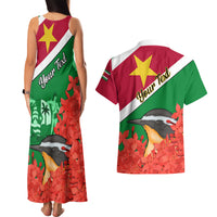 Personalised Suriname Independence Day Couples Matching Tank Maxi Dress and Hawaiian Shirt Lesser Kiskadee With Scarlet Jungle Flame Flower - Wonder Print Shop