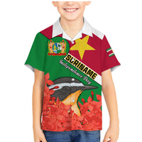 Personalised Suriname Independence Day Family Matching Mermaid Dress and Hawaiian Shirt Lesser Kiskadee With Scarlet Jungle Flame Flower - Wonder Print Shop