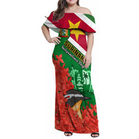 Personalised Suriname Independence Day Family Matching Off Shoulder Maxi Dress and Hawaiian Shirt Lesser Kiskadee With Scarlet Jungle Flame Flower - Wonder Print Shop