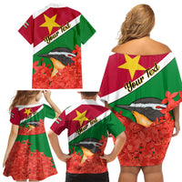 Personalised Suriname Independence Day Family Matching Off Shoulder Short Dress and Hawaiian Shirt Lesser Kiskadee With Scarlet Jungle Flame Flower - Wonder Print Shop