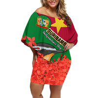 Personalised Suriname Independence Day Family Matching Off Shoulder Short Dress and Hawaiian Shirt Lesser Kiskadee With Scarlet Jungle Flame Flower - Wonder Print Shop