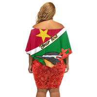 Personalised Suriname Independence Day Family Matching Off Shoulder Short Dress and Hawaiian Shirt Lesser Kiskadee With Scarlet Jungle Flame Flower - Wonder Print Shop