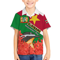 Personalised Suriname Independence Day Family Matching Off Shoulder Short Dress and Hawaiian Shirt Lesser Kiskadee With Scarlet Jungle Flame Flower - Wonder Print Shop