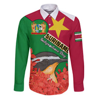 Personalised Suriname Independence Day Family Matching Puletasi Dress and Hawaiian Shirt Lesser Kiskadee With Scarlet Jungle Flame Flower - Wonder Print Shop