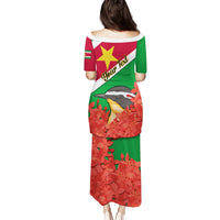 Personalised Suriname Independence Day Family Matching Puletasi Dress and Hawaiian Shirt Lesser Kiskadee With Scarlet Jungle Flame Flower - Wonder Print Shop