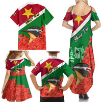 Personalised Suriname Independence Day Family Matching Summer Maxi Dress and Hawaiian Shirt Lesser Kiskadee With Scarlet Jungle Flame Flower - Wonder Print Shop