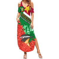Personalised Suriname Independence Day Family Matching Summer Maxi Dress and Hawaiian Shirt Lesser Kiskadee With Scarlet Jungle Flame Flower - Wonder Print Shop