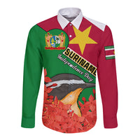 Personalised Suriname Independence Day Long Sleeve Button Shirt Lesser Kiskadee With Scarlet Jungle Flame Flower - Wonder Print Shop