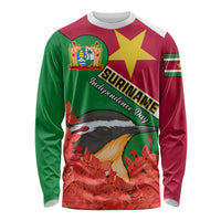 Personalised Suriname Independence Day Long Sleeve Shirt Lesser Kiskadee With Scarlet Jungle Flame Flower - Wonder Print Shop
