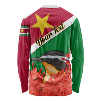 Personalised Suriname Independence Day Long Sleeve Shirt Lesser Kiskadee With Scarlet Jungle Flame Flower - Wonder Print Shop